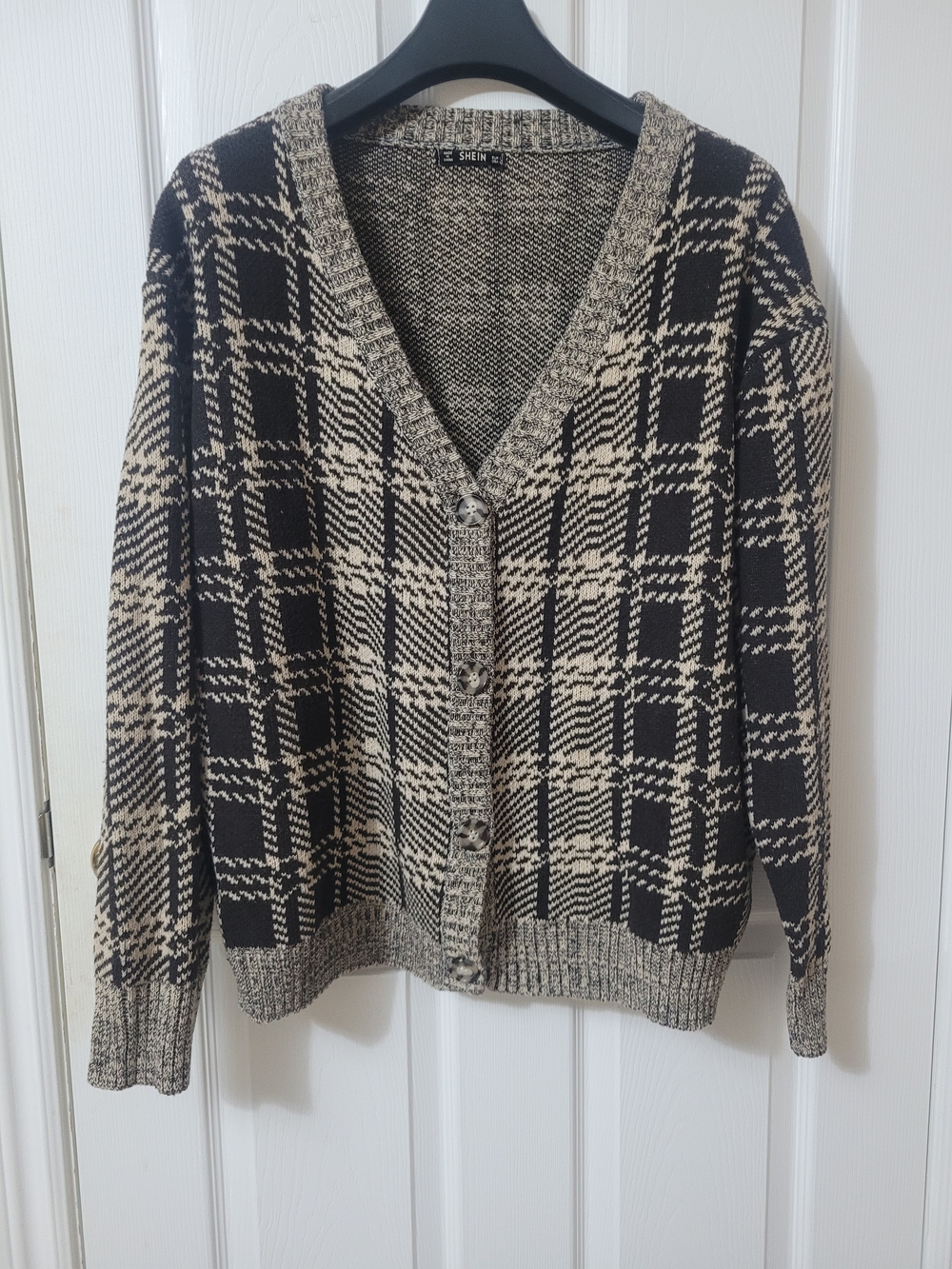 Shein Men's Black and Cream Plaid Button-Up Cardigan Sweater